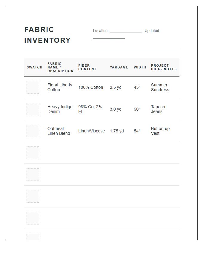 Craft Closet Fabric Inventory Printable Chart