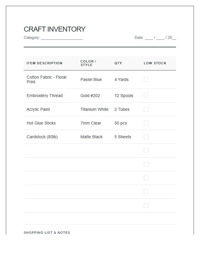Craft Room Material Inventory Printable Chart