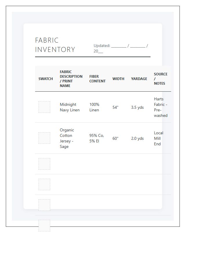 Desktop Fabric Inventory Printable Chart