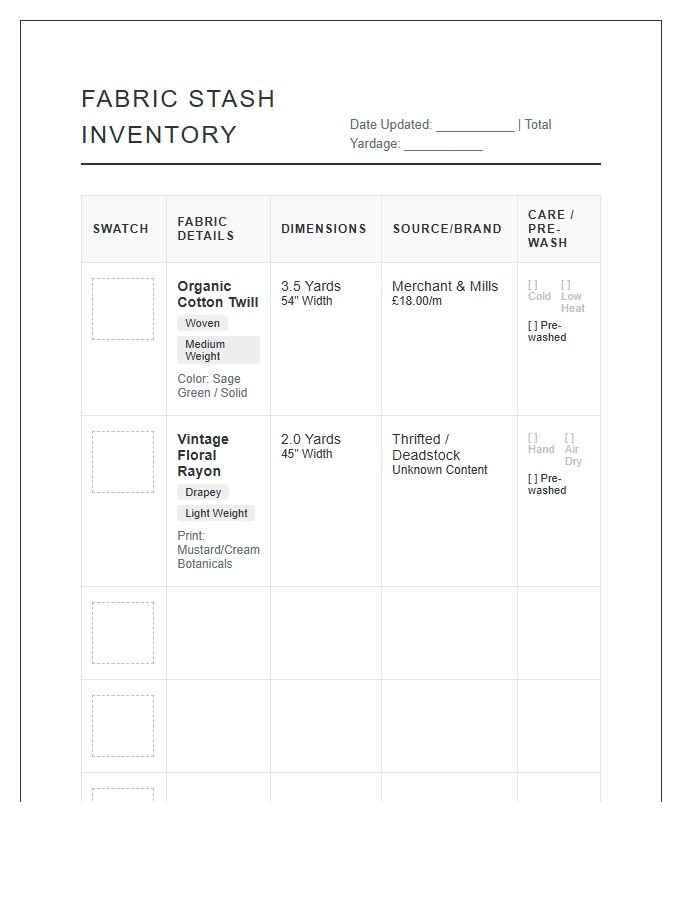 Detailed Fabric Stash Organizer Printable Chart