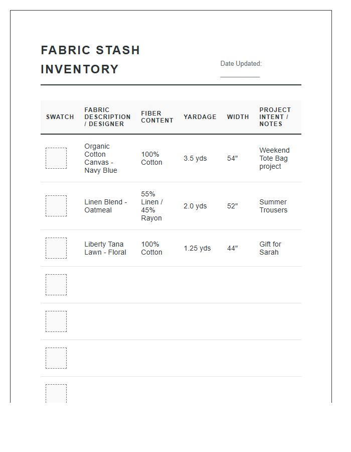 Essential Fabric Stash Inventory Printable Chart
