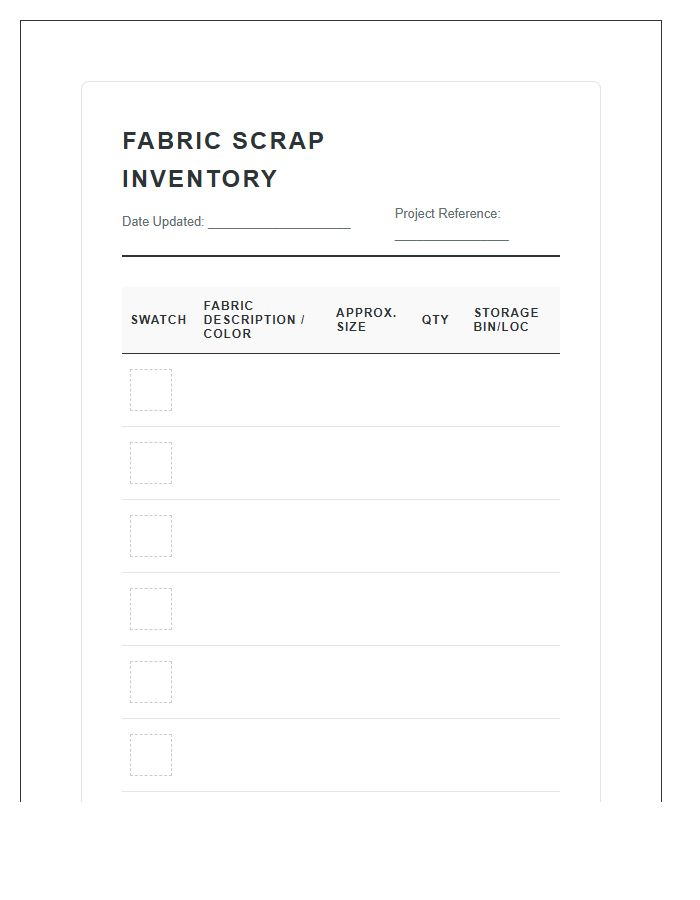 Fabric Scrap Storage Inventory Printable Chart