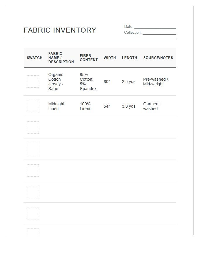Home Sewing Studio Fabric Inventory Printable Chart