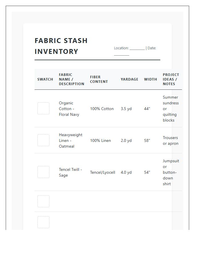 Large Fabric Stash Inventory Printable Chart