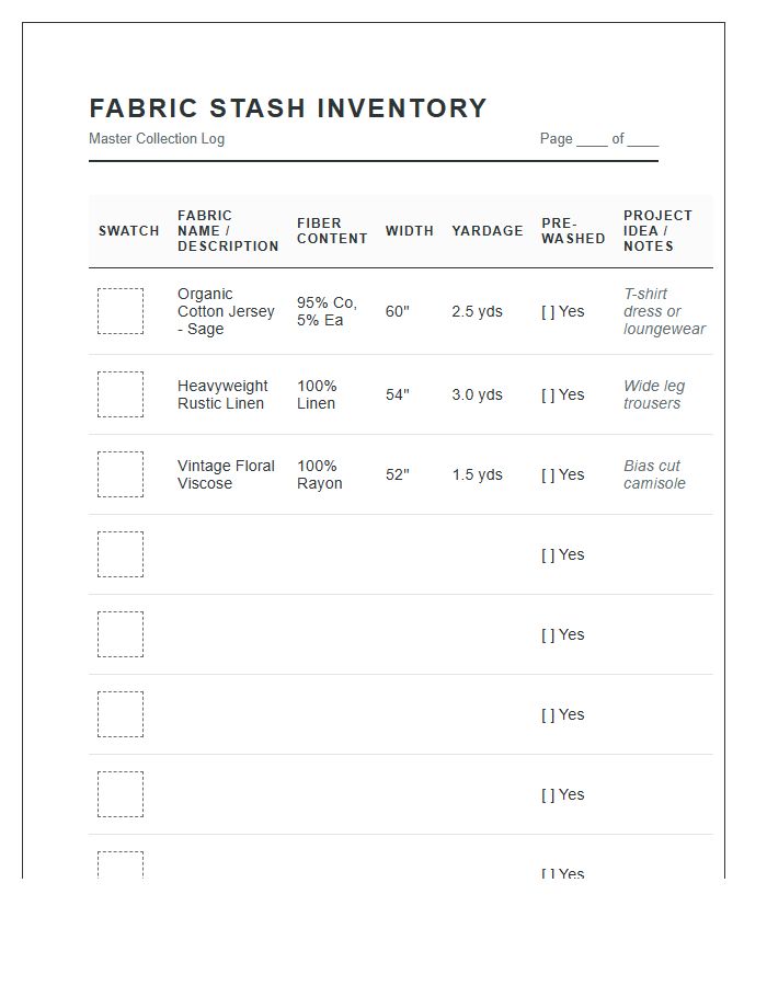 Master Fabric Stash Inventory Printable Chart