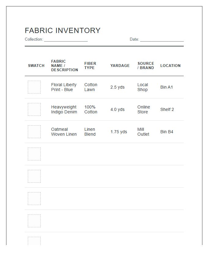 Organized Craft Room Fabric Inventory Printable Chart