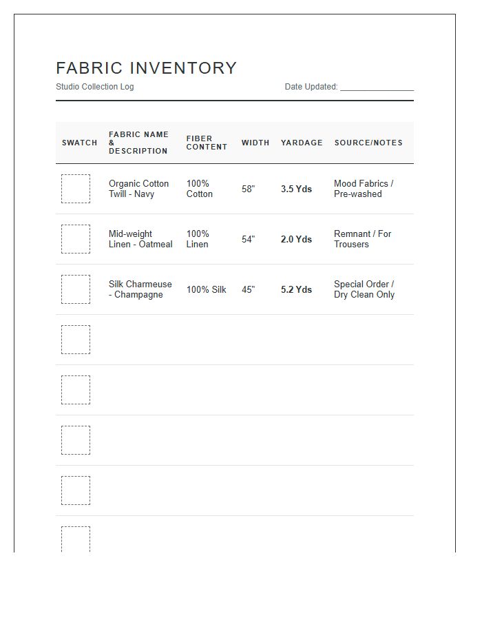 Professional Sewing Fabric Inventory Printable Chart
