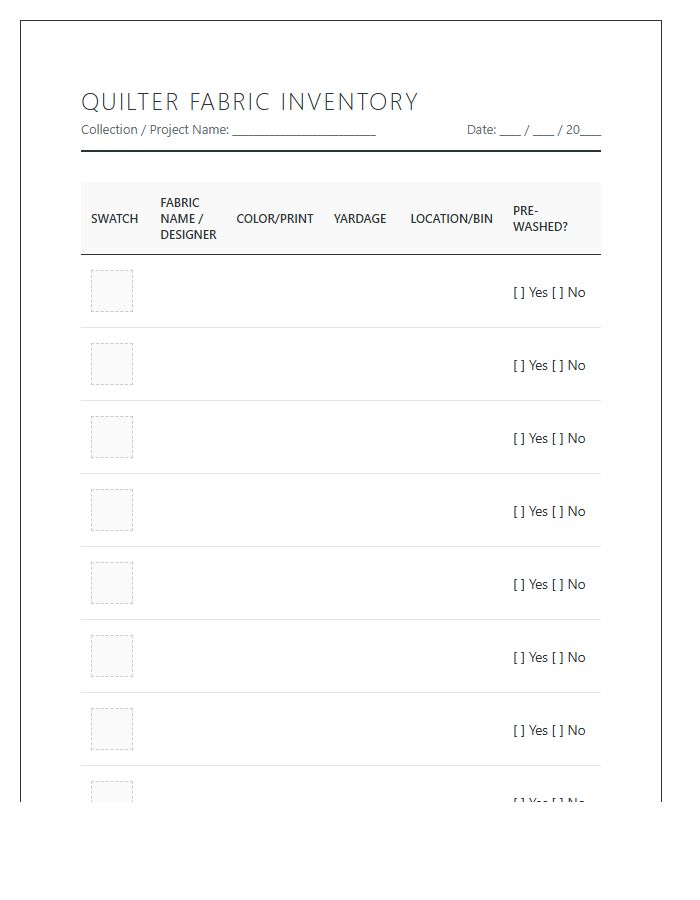 Quilter Fabric Inventory Tracker Printable Chart