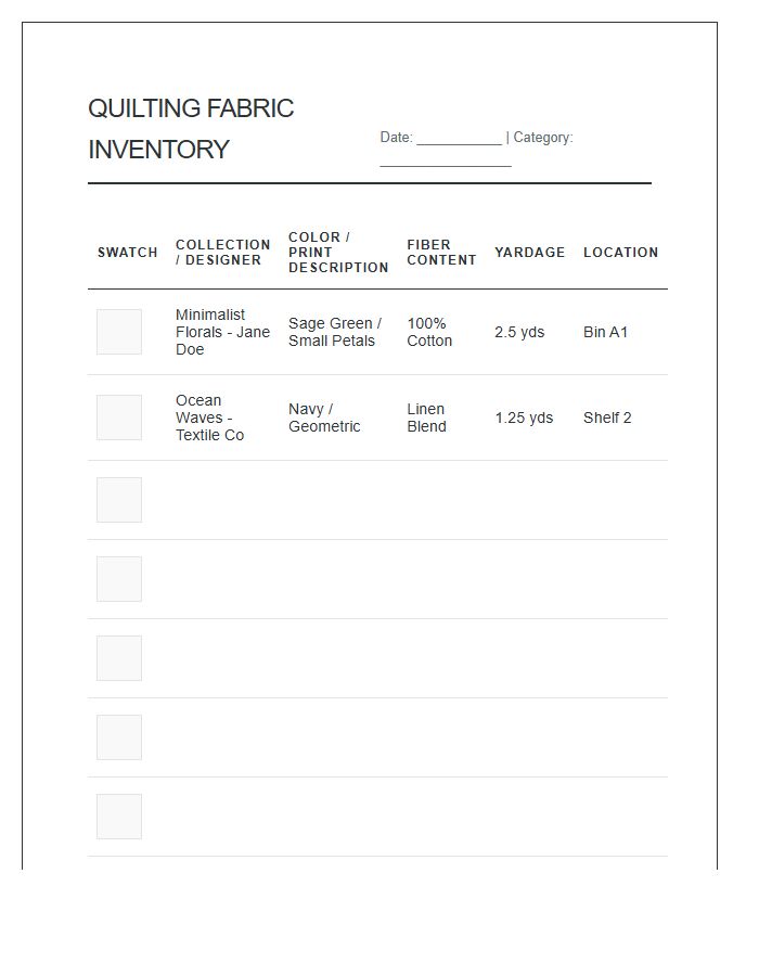 Quilting Fabric Collection Inventory Printable Chart