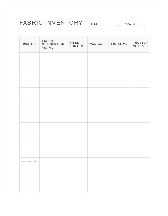 Sewing Room Fabric Storage Inventory Printable Chart