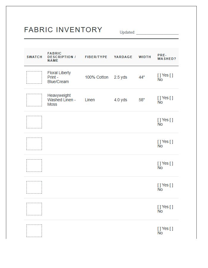 Sewing Supplies Inventory Printable Chart For Fabric