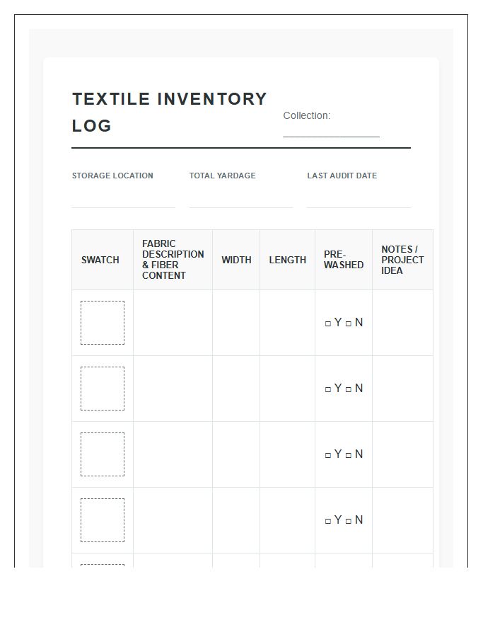 Textile Stash Management Printable Chart System