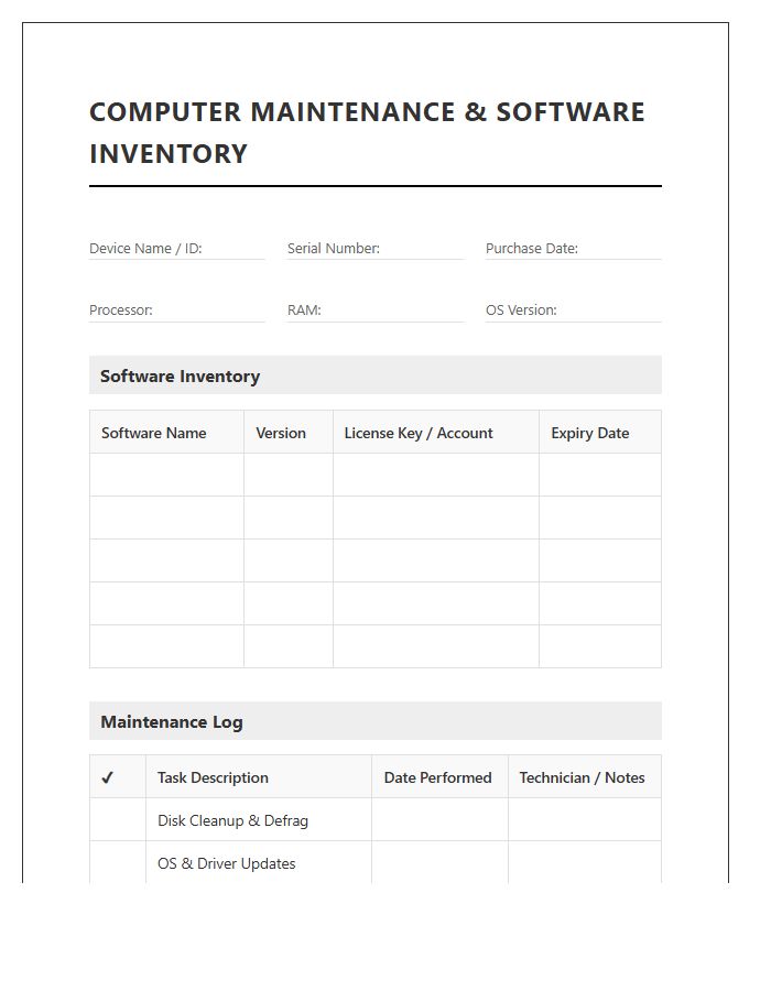 Computer Maintenance And Software Inventory Printable Chart