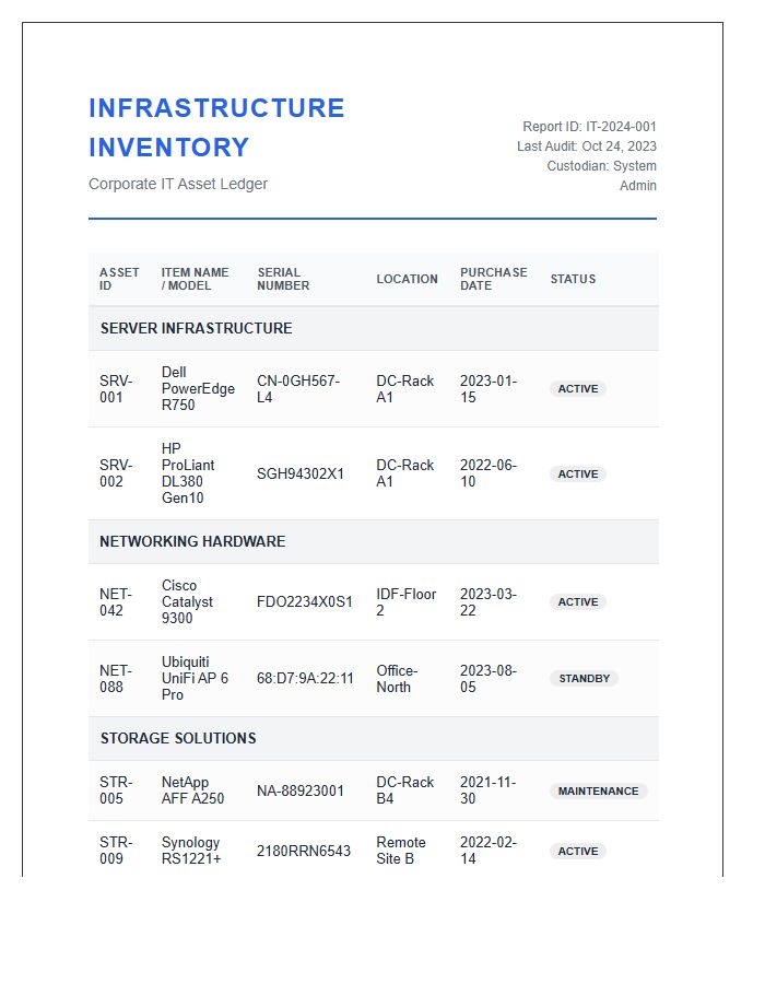 Corporate IT Infrastructure Inventory Printable Chart