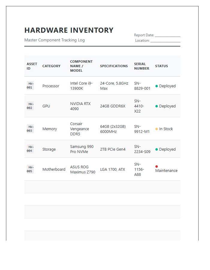 Detailed Hardware Components Inventory Printable Chart