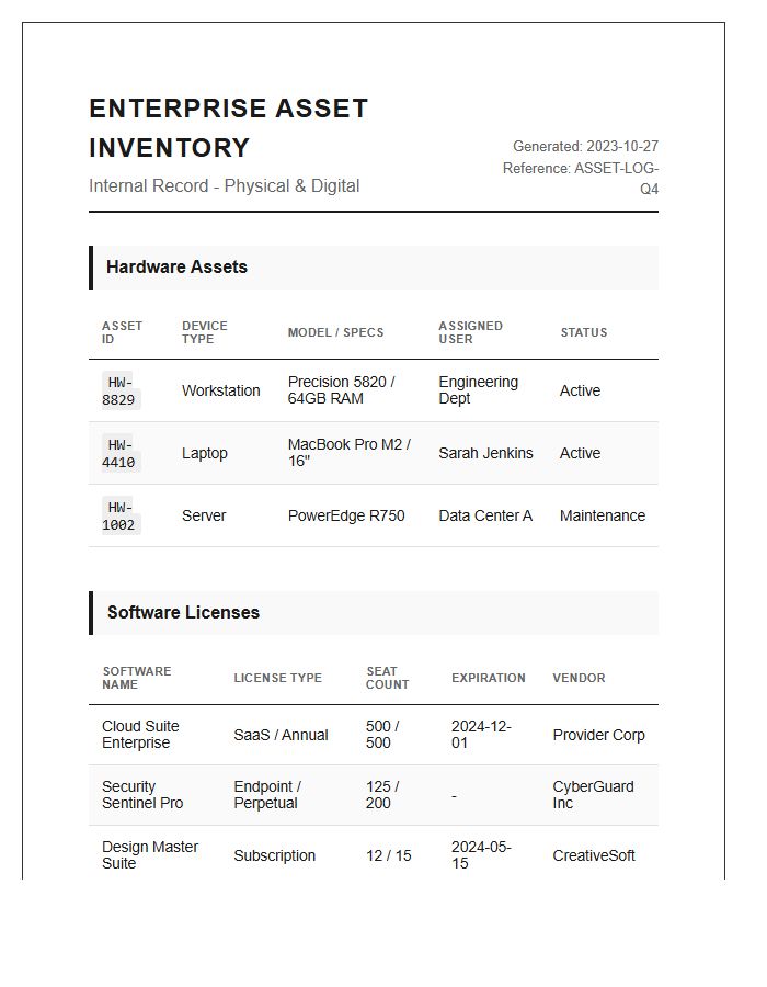 Enterprise Software And Hardware Asset Printable Chart