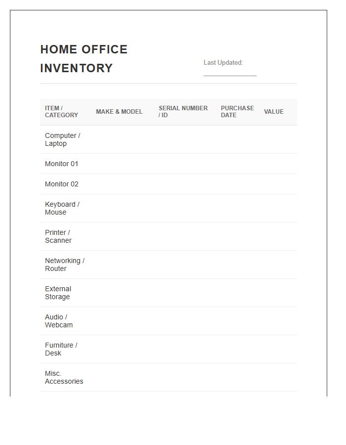Home Office Computer Equipment Inventory Printable Chart