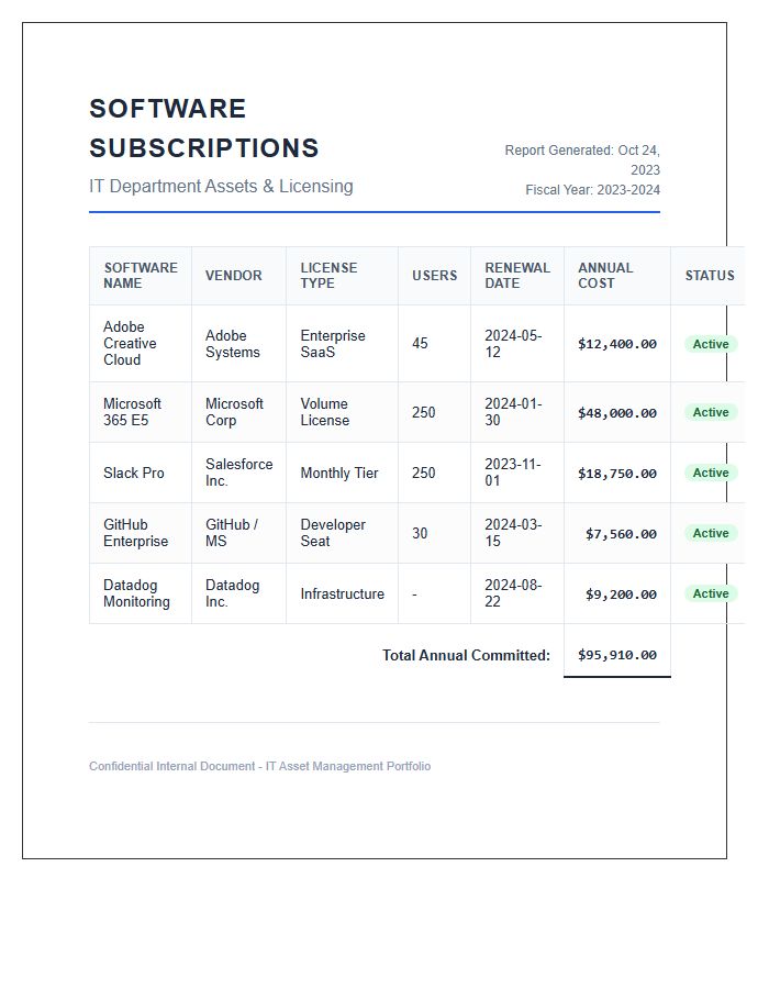 IT Department Software Subscription Printable Chart
