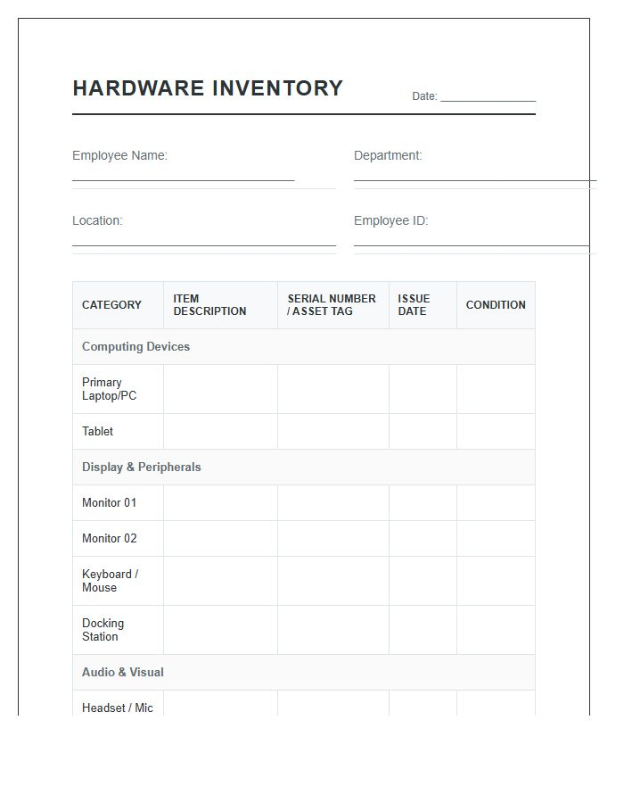 Remote Worker Computer Hardware Inventory Printable Chart