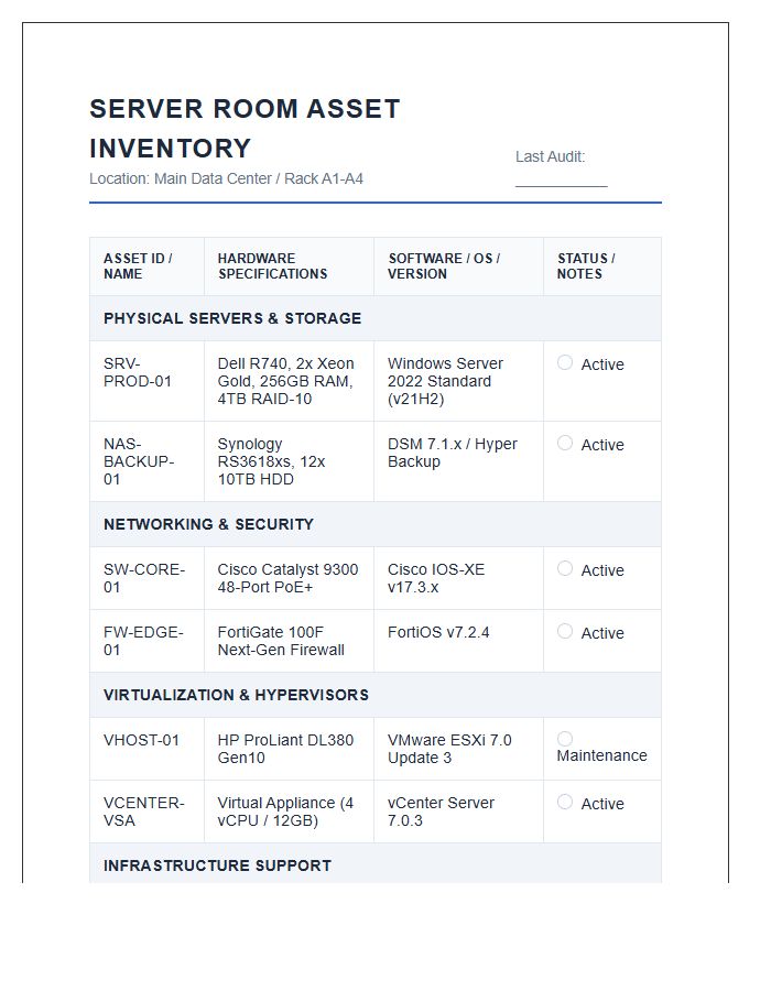 Server Room Hardware And Software Printable Chart