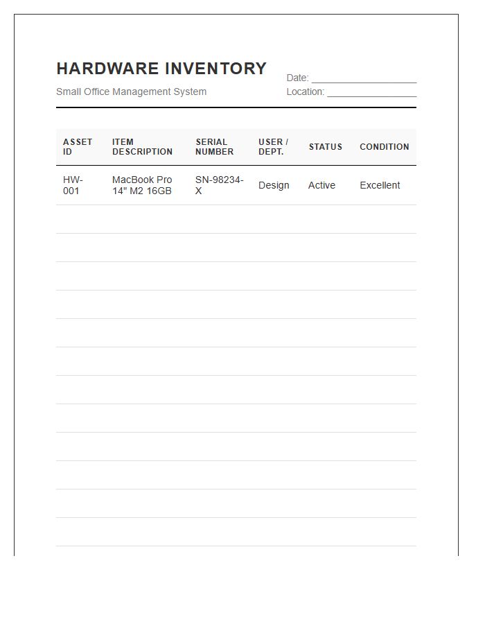 Small Office Computer Hardware Inventory Printable Chart
