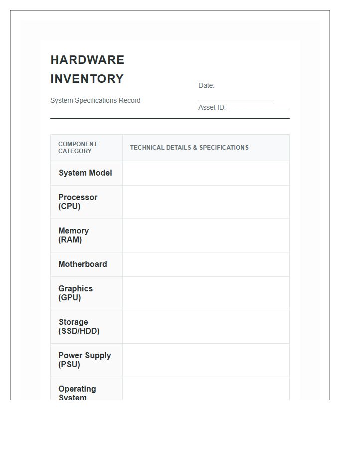System Hardware Specifications Inventory Printable Chart