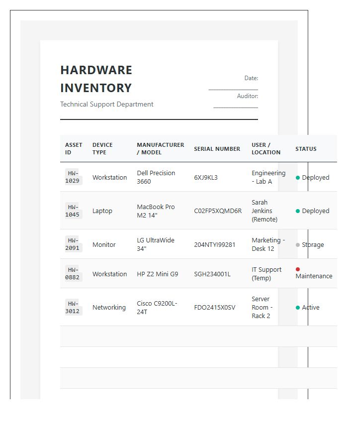 Technical Support Hardware Inventory Printable Chart