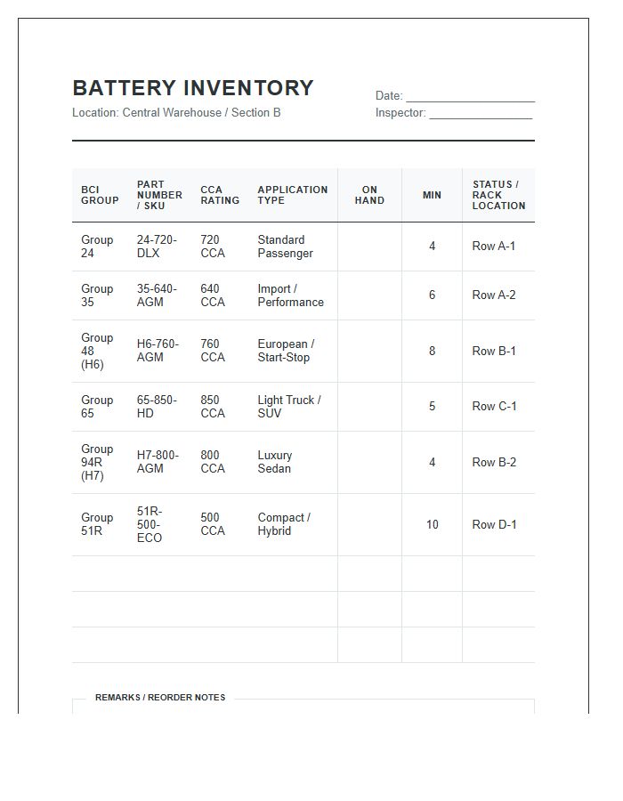 Automotive Battery Inventory Printable Chart