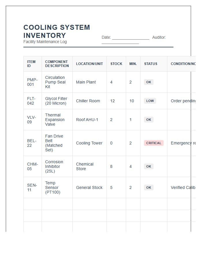 Cooling System Inventory Management Printable Chart