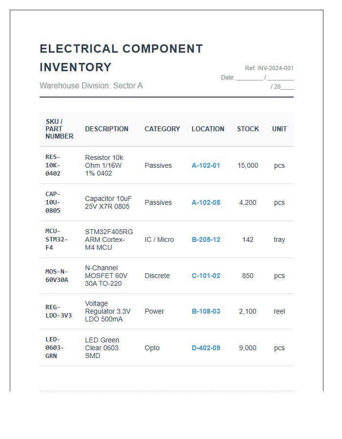 Electrical Component Warehouse Printable Chart