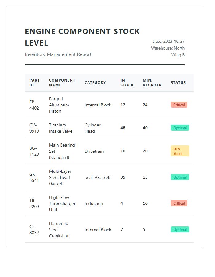 Engine Component Stock Level Printable Chart