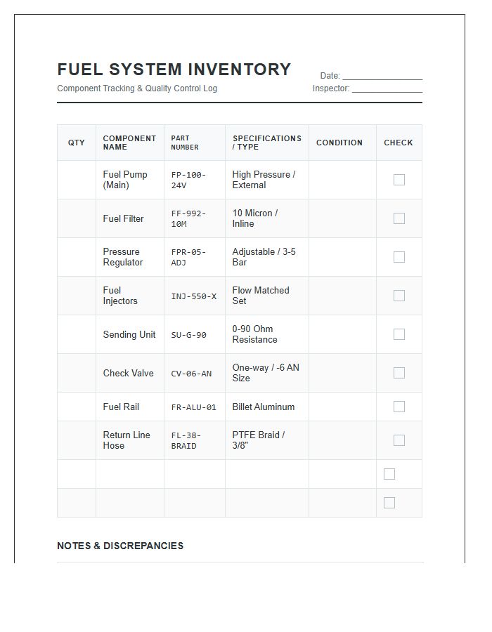 Fuel System Component Inventory Printable Chart
