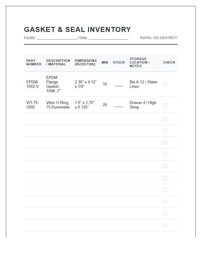 Gasket And Seal Inventory Printable Chart
