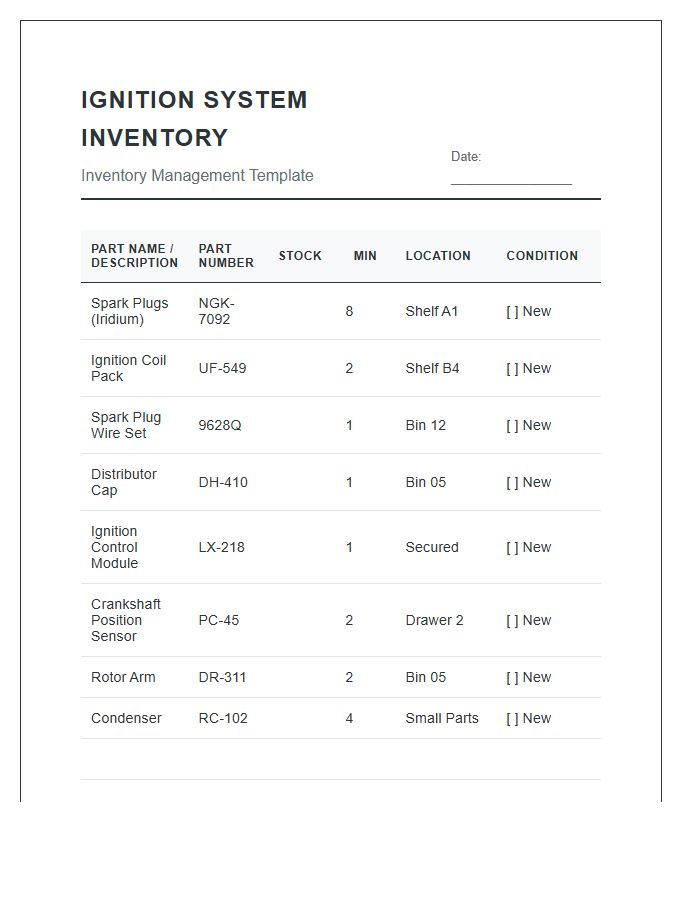 Ignition System Part Inventory Printable Chart