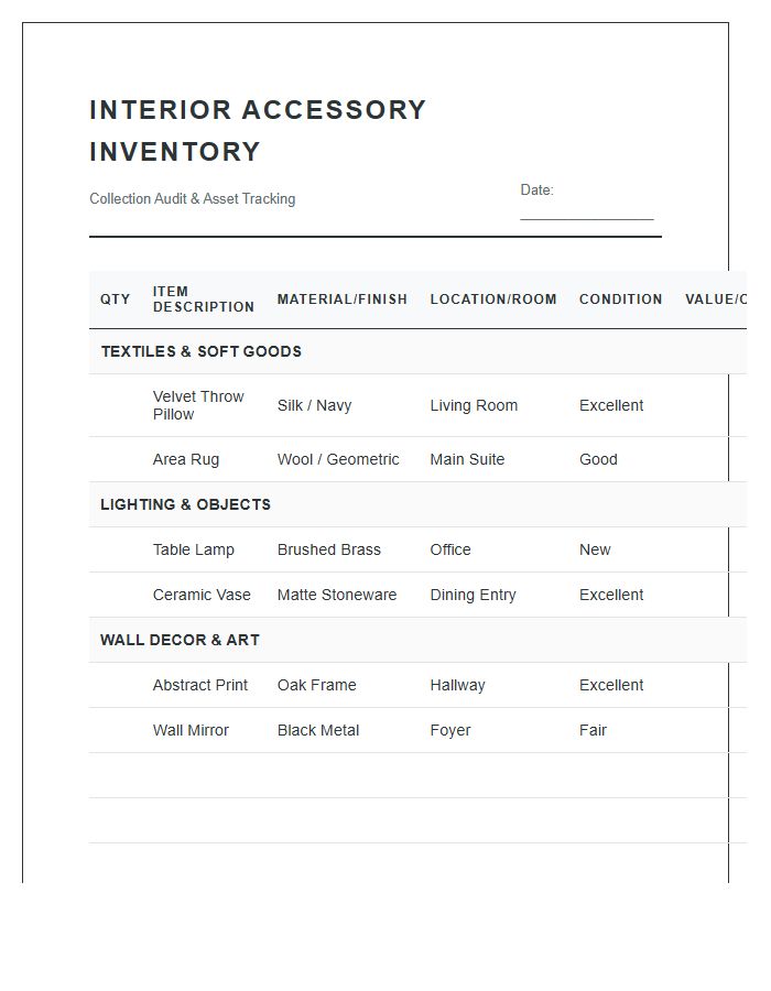 Interior Accessory Inventory Printable Chart