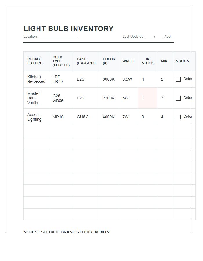 Light Bulb Inventory Tracking Printable Chart
