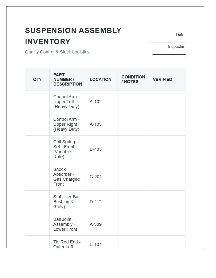 Suspension Assembly Inventory Printable Chart