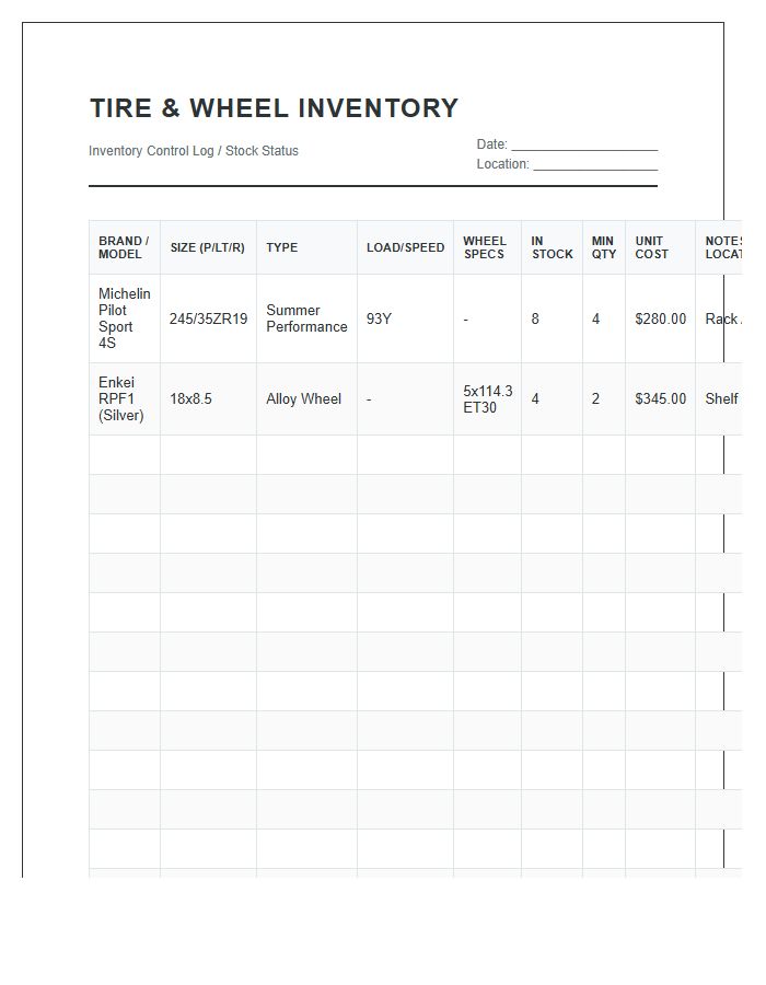 Tire And Wheel Inventory Printable Chart