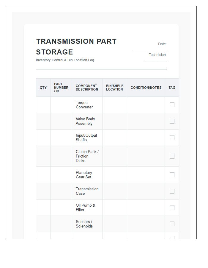 Transmission Part Storage Printable Chart