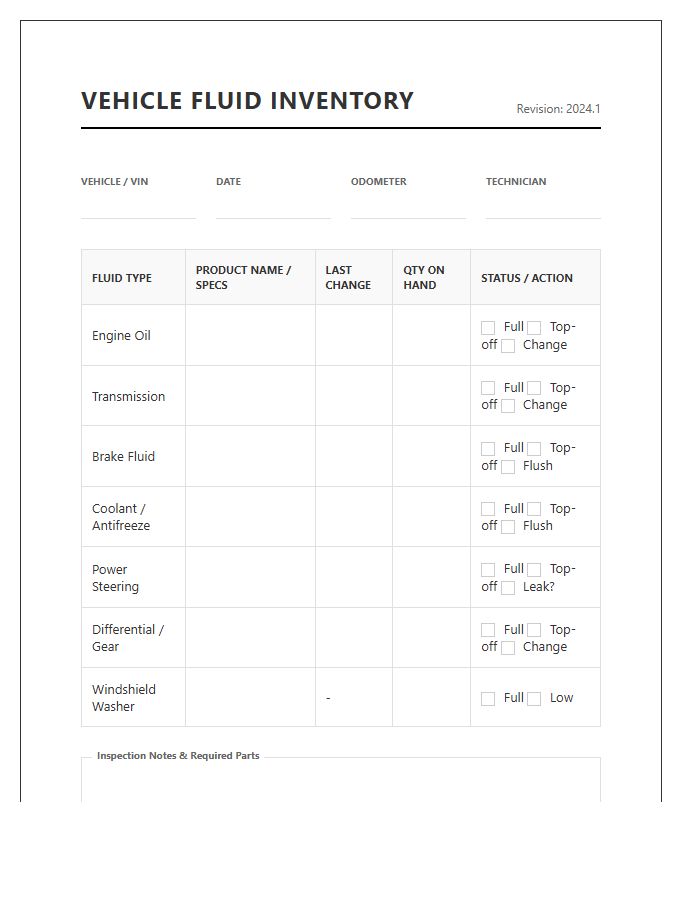 Vehicle Fluid Inventory Tracking Printable Chart