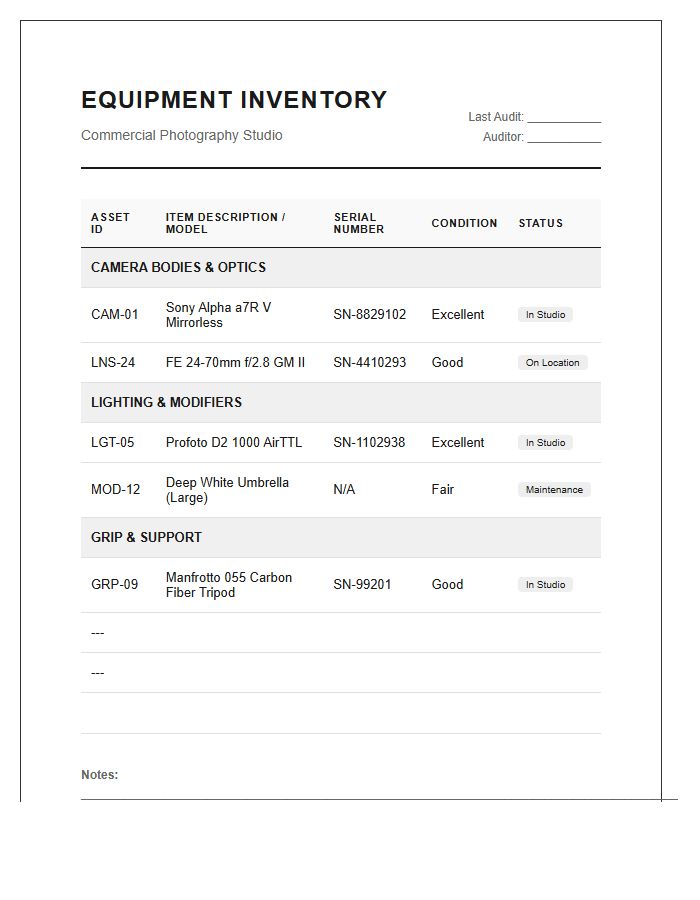 Commercial Photography Equipment Inventory Printable Chart