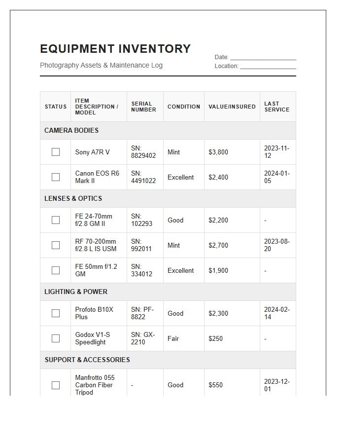 Comprehensive Photography Equipment Inventory Printable Chart