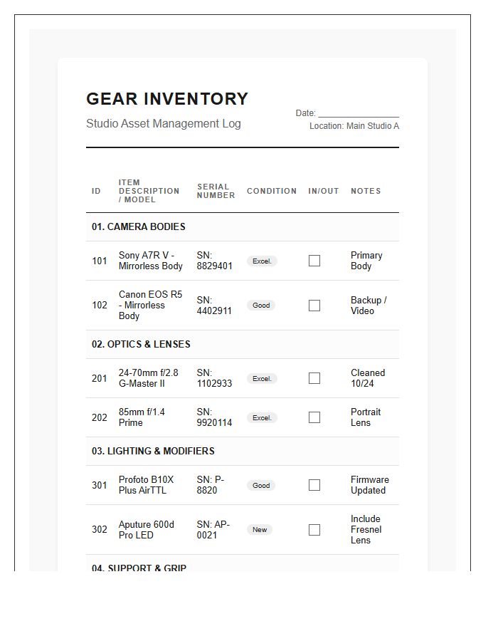 Detailed Photography Studio Gear Inventory Printable Chart