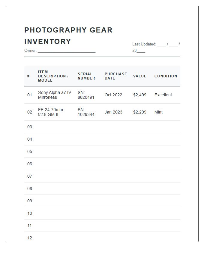 Digital Photography Gear Inventory Printable Chart