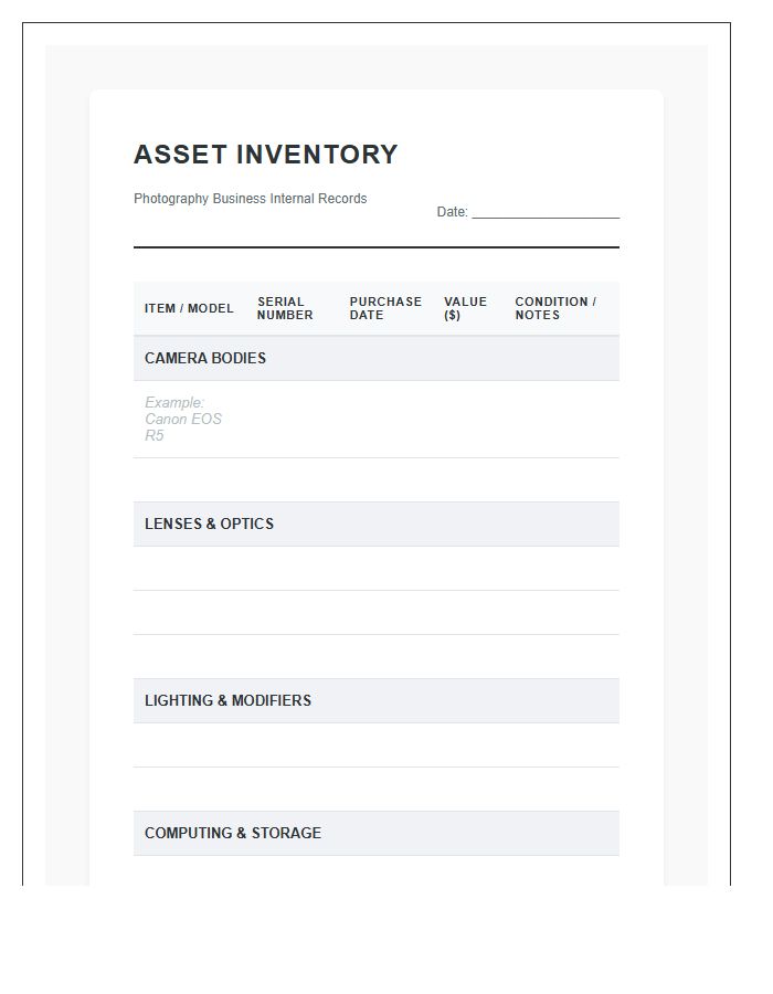 Photography Business Asset Inventory Printable Chart