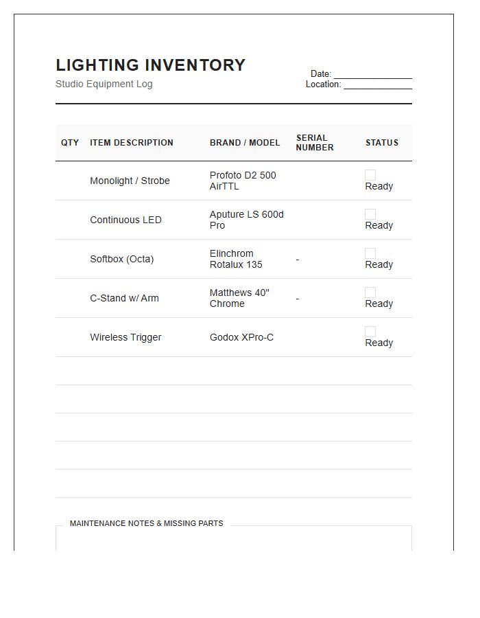 Photography Lighting Equipment Inventory Printable Chart