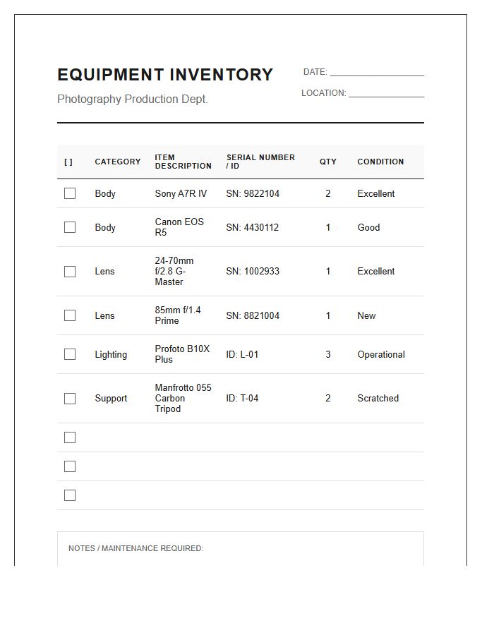 Photography Production Equipment Inventory Printable Chart