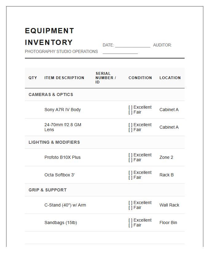 Photography Studio Equipment Inventory Printable Chart