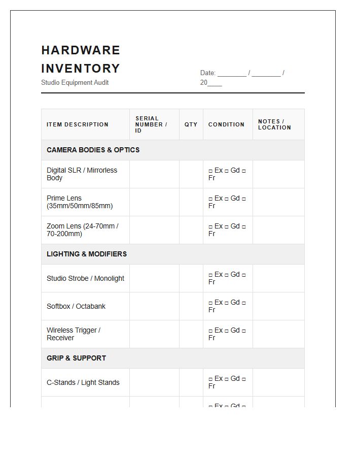 Photography Studio Hardware Inventory Printable Chart