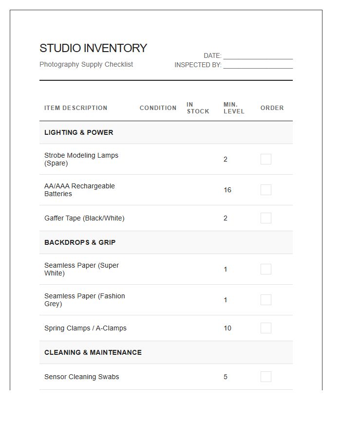 Photography Studio Supply Inventory Printable Chart